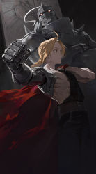 Rule 34 | 2boys, absurdres, ahoge, alphonse elric, armor, belt, blonde hair, breastplate, brown belt, brown eyes, chain, clenched hand, closed mouth, coat, collarbone, crossed arms, door, edward elric, fake horns, full armor, fullmetal alchemist, glowing, glowing eyes, height difference, helmet, highres, holding, holding clothes, holding coat, horned helmet, horns, long hair, male focus, mechanical arms, modare, multiple boys, pauldrons, red coat, scar, scar on chest, shoulder armor, spiked pauldrons, spikes, torn, torn clothes, vambraces