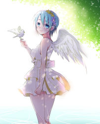 Rule 34 | 1girl, alternate costume, angel wings, animal, arm at side, back bow, backlighting, bare arms, bare legs, bird, bird on hand, blue eyes, blue hair, bow, breasts, closed mouth, cowboy shot, dappled sunlight, dress, feathered wings, flower, hair flower, hair ornament, hand up, layered dress, legs together, lens flare, looking at viewer, looking back, mahou shoujo madoka magica, mahou shoujo madoka magica (anime), medium breasts, miki sayaka, mizukikushou, purple flower, short dress, short hair, sideboob, sleeveless, sleeveless dress, smile, solo, sunlight, thighs, white bow, white dress, white wings, wings, yellow flower