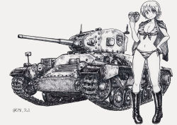 Rule 34 | 1girl, animal print, bikini, boots, box, braid, braided bun, breasts, cleavage, closed mouth, commentary, cup, darjeeling (girls und panzer), emblem, front-tie bikini top, front-tie top, gift, gift box, girls und panzer, greyscale, hair bun, hand on own hip, heart-shaped box, highres, holding, holding cup, holding gift, jacket, jacket on shoulders, looking at viewer, medium breasts, military, military vehicle, monochrome, motor vehicle, navel, nspa (spa-jcs), pen (medium), print bikini, short hair, side-tie bikini bottom, smile, solo, st. gloriana&#039;s (emblem), standing, swimsuit, tank, teacup, tiger print, twin braids, twitter username, valentine, valentine (tank)