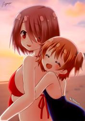 Rule 34 | 2girls, :d, ^ ^, beach, bikini, blush, breasts, brown hair, closed eyes, cloud, commentary request, closed eyes, fang, flat chest, from side, gradient sky, hair over one eye, highres, hoshino hinata, hoshino miyako (wataten), hug, hug from behind, large breasts, looking at viewer, multiple girls, nzack, one-piece swimsuit, open mouth, orange hair, outdoors, red bikini, red eyes, school swimsuit, short hair, short twintails, siblings, signature, sisters, sky, smile, standing, sunset, swimsuit, twintails, twitter username, upper body, watashi ni tenshi ga maiorita!