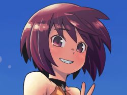 Rule 34 | 1girl, bare shoulders, blue background, brown hair, brown shirt, commentary request, cropped torso, grin, hand up, looking at viewer, mawaru (mawaru), original, red eyes, shirt, sleeveless, sleeveless shirt, smile, solo, upper body, v