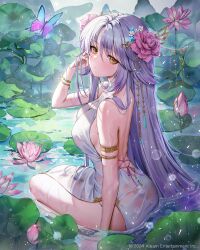 Rule 34 | 1girl, armlet, ass, bare shoulders, blush, bracelet, breasts, bug, butterfly, character request, closed mouth, commentary request, dress, flower, from behind, hair flower, hair ornament, hair stick, hand up, highres, insect, jademoon, jewelry, large breasts, lily pad, long hair, looking back, lotus, outdoors, sangoku taisen smash!, sitting, sleeveless, sleeveless dress, thighs, water, wet, white dress, yellow eyes