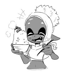 1girl chopsticks closed_eyes dark-skinned_female dark_skin dede_(qwea_00000) eating fangs food food_on_face frye_(splatoon) greyscale holding holding_chopsticks monochrome nintendo rice seaweed splatoon_(series) splatoon_3 tentacle_hair white_background