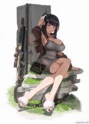 Rule 34 | 1girl, bag, black hair, bra, breasts, crossed legs, d: killer wife, dress, feet, goddess of victory: nikke, gryx art, gun, handbag, highres, large breasts, light blush, long hair, looking at viewer, parted lips, red eyes, short dress, sitting, tight clothes, tight dress, toes, underwear, weapon