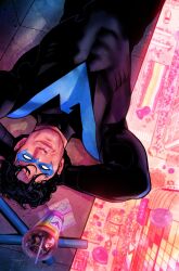 arms_behind_head batman_(series) black_bodysuit black_hair blue_mask bodysuit city cup day dc_comics dick_grayson disposable_cup domino_mask drinking_straw highres looking_at_viewer lying mask nick_robles nightwing on_back outdoors short_hair solo superhero_costume