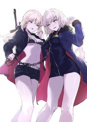 Rule 34 | 2girls, ahoge, artoria pendragon (all), artoria pendragon (fate), bdsm, belt, bikini, bikini top only, black bikini, black dress, black jacket, black panties, black shorts, blonde hair, blush, bondage, bound, breasts, chain, cleavage, coat, collar, commentary request, dark persona, dress, excalibur morgan (fate), eye contact, fate/grand order, fate (series), frilled bikini, frilled bikini top, frills, fur-trimmed coat, fur trim, hood, hoodie, jacket, jeanne d&#039;arc (fate), jeanne d&#039;arc alter (fate), jeanne d&#039;arc alter (ver. shinjuku 1999) (fate), koto suomi, legs, looking at another, maid, maid bikini, medium breasts, multicolored clothes, multiple girls, navel, official alternate costume, open clothes, open hoodie, open jacket, panties, pantyshot, ponytail, saber alter, saber alter (ver. shinjuku 1999) (fate), short dress, short hair, shorts, simple background, standing, sweatdrop, swimsuit, unconventional maid, underwear, white background, white belt, yellow eyes