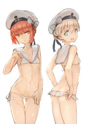 Rule 34 | 2girls, adjusting clothes, adjusting swimsuit, aqua eyes, ass, bikini, bikini skirt, blonde hair, bow, brown eyes, brown hair, butt crack, character name, commentary request, contrapposto, cowboy shot, flat chest, gluteal fold, groin, hat, hat bow, head tilt, kantai collection, looking at viewer, looking back, lowleg, lowleg bikini, multiple girls, navel, open mouth, round teeth, sailor bikini, sailor collar, sailor hat, short hair, side-tie bikini bottom, simple background, smiley face, standing, striped, striped bow, swimsuit, teeth, totteri, white background, white bikini, white hat, z1 leberecht maass (kancolle), z3 max schultz (kancolle)