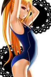 Rule 34 | 1girl, :o, alternate costume, arched back, armpits, arms up, black ribbon, blazblue, blonde hair, blue one-piece swimsuit, blunt bangs, blush, competition swimsuit, cowboy shot, doily, flat chest, from side, hair ribbon, highres, kashisu mint, long hair, looking at viewer, looking back, one-piece swimsuit, open mouth, parted bangs, rachel alucard, red eyes, ribbon, single vertical stripe, swimsuit, twintails, very long hair, white background