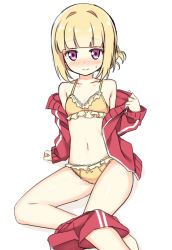 Rule 34 | 10s, 1girl, blonde hair, blunt bangs, blush, bow, bow panties, bra, clothes pull, embarrassed, frilled bra, frilled panties, frills, gym shorts, hatsunatsu, iijima yun, jacket, looking at viewer, new game!, open clothes, open jacket, panties, purple eyes, short hair, shorts, shorts pull, simple background, sitting, solo, sweatdrop, track jacket, track suit, underwear, white background, yellow bra, yellow panties