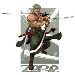 Rule 34 | 1boy, armband, artist logo, artist name, black eyes, black pants, boots, brown footwear, character name, clothes around waist, coat, fighting stance, full body, furrowed brow, green coat, green hair, highres, holding, holding sword, holding weapon, looking at viewer, making-of available, male focus, mouth hold, muscular, muscular male, one eye closed, one piece, paint splatter, pants, red sash, reverse grip, roronoa zoro, sash, scar, scar across eye, scar on chest, scar on face, sheath, short hair, solo, sword, toggles, topless male, triple wielding, weapon, yungun