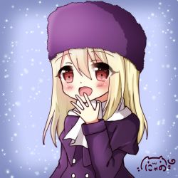 Rule 34 | 1girl, :d, blonde hair, blush, capelet, commentary request, dress, fate/stay night, fate (series), fur hat, hair between eyes, hand up, hat, heart, heart in eye, highres, illyasviel von einzbern, long hair, looking at viewer, nyano21, open mouth, papakha, purple capelet, purple dress, purple hat, red eyes, scarf, signature, smile, solo, symbol in eye, white scarf