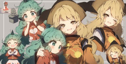 Rule 34 | 3girls, :3, ^ ^, arm up, blonde hair, bow, brown hair, brown headwear, closed eyes, cloud print, cropped torso, curly hair, detached sleeves, green eyes, green hair, grey background, hair bow, hakurei reimu, hand on another&#039;s shoulder, hands on own cheeks, hands on own face, heart, horns, kariyushi shirt, komainu, komano aunn, long hair, long sleeves, looking at another, looking at viewer, matara okina, multiple girls, nontraditional miko, one eye closed, piyokichi, red bow, red shirt, red skirt, shirt, short sleeves, shorts, single horn, skirt, smile, tabard, touhou, white shorts, wide sleeves, yellow eyes