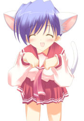 1girl 2000s_(style) :d ^_^ animal_ears bad_id bent_over blue_hair cat_ears cat_girl cat_tail closed_eyes extra_ears hands_up himeyuri_sango kemonomimi_mode kisaki_yuu legs_apart long_sleeves miniskirt open_mouth pleated_skirt red_sailor_collar red_skirt sailor_collar school_uniform serafuku shirt short_hair simple_background skirt smile solo standing tail tail_raised to_heart_(series) to_heart_2 white_background white_shirt white_tail