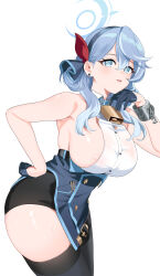 Rule 34 | 1girl, absurdres, ako (blue archive), bell, black gloves, black hairband, black skirt, black thighhighs, blue archive, blue eyes, blue hair, blue halo, breasts, buttons, chain, collared shirt, cowboy shot, cuffs, gloves, hair between eyes, hairband, halo, handcuffs, highres, large breasts, long hair, looking at viewer, neck bell, nonbire, open mouth, shirt, sideboob, simple background, skirt, sleeveless, sleeveless shirt, solo, thighhighs, white background, white shirt