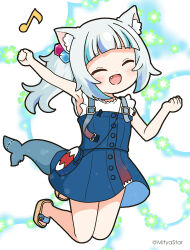 Rule 34 | 1girl, :d, ^ ^, animal ear fluff, animal ears, arm up, armor, blue dress, blue hair, blush, brown footwear, cat ears, clenched hands, closed eyes, commentary request, cube hair ornament, dress, eighth note, facing viewer, fins, fish tail, floral background, flower, full body, gawr gura, gawr gura (casual), green flower, grey hair, hair ornament, head tilt, highres, hololive, hololive english, mitya, multicolored hair, musical note, open mouth, outstretched arm, sandals, shark girl, shark tail, shirt, shoulder armor, side ponytail, sleeveless, sleeveless dress, smile, solo, streaked hair, tail, twitter username, virtual youtuber, white shirt