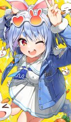 Rule 34 | &gt; o, 1girl, :d, ;d, absurdres, animal ears, arms up, blue hair, blue neckerchief, blurry, blush, carrot, collarbone, denim, denim jacket, depth of field, dress, eyewear on head, from above, full body, fur trim, hands up, heart, highres, hololive, jacket, long sleeves, looking at viewer, multicolored hair, narita tamezou, neckerchief, official alternate costume, one eye closed, open mouth, orange eyes, pekomon (usada pekora), rabbit-shaped eyewear, rabbit-shaped pupils, rabbit ears, round teeth, short hair, simple background, smile, solo, sparkle, streaked hair, sunglasses, symbol-shaped pupils, teeth, thick eyebrows, torn clothes, two side up, upper teeth only, usada pekora, usada pekora (casual), v, v-shaped eyebrows, virtual youtuber, white dress, yellow background