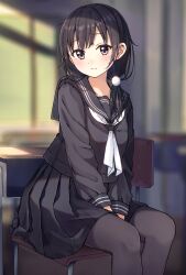Rule 34 | 1girl, between legs, black hair, black pantyhose, black sailor collar, black serafuku, black shirt, black skirt, blurry, blurry background, blush, breasts, chair, closed mouth, commentary request, depth of field, desk, enuni, feet out of frame, hair over shoulder, hand between legs, highres, indoors, long hair, long sleeves, looking at viewer, neckerchief, on chair, original, pantyhose, pleated skirt, puffy long sleeves, puffy sleeves, red eyes, sailor collar, school chair, school desk, school uniform, serafuku, shirt, skirt, small breasts, solo, white neckerchief