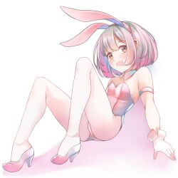 Rule 34 | 1girl, :d, animal ears, bare shoulders, breasts, brown eyes, cleavage, comah, dutch angle, full body, gloves, grey hair, hairband, high heels, knees up, leotard, looking at viewer, lying, on back, open mouth, original, pantyhose, pink footwear, pink hairband, pink leotard, rabbit ears, shoes, small breasts, smile, solo, white background, white gloves, white pantyhose