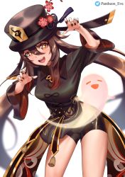 Rule 34 | 1girl, black hat, brown hair, genshin impact, hat, highres, hu tao (genshin impact), long sleeves, nail polish, pantheon eve, red eyes, short shorts, shorts, simple background, smile, solo, tailcoat, teeth, top hat, twintails, white background
