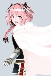 Rule 34 | 1boy, :d, absurdres, armor, astolfo (fate), bad id, bad pixiv id, black bow, black dress, bow, braid, cloak, commentary, cowboy shot, dress, fang, fate/apocrypha, fate (series), faulds, from side, fur-trimmed cloak, fur collar, fur trim, gauntlets, grey background, hair bow, hair intakes, highres, long hair, long sleeves, looking at viewer, looking to the side, male focus, multicolored hair, open mouth, pink hair, purple eyes, short dress, simple background, single braid, smile, solo, standing, streaked hair, trap, two-tone hair, white cloak, white hair