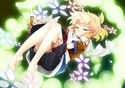 Rule 34 | 1girl, arm warmers, bare legs, barefoot, blonde hair, crossed arms, danmaku, feet, female focus, fetal position, full body, green eyes, highres, mizuhashi parsee, plantar flexion, pointy ears, scarf, short hair, smile, solo, spell card, touhou, yomio