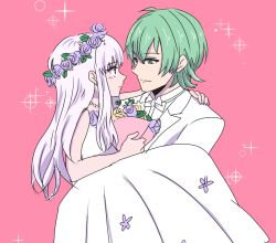 Rule 34 | 1boy, 1girl, bouquet, byleth (fire emblem), byleth (male) (fire emblem), carrying, carrying under arm, closed mouth, dress, fire emblem, fire emblem: three houses, flower, formal, green eyes, green hair, groom, hair flower, hair ornament, holding, holding bouquet, husband and wife, long hair, looking at another, lysithea von ordelia, nintendo, pink eyes, princess carry, sanso7171, short hair, simple background, smile, suit, tuxedo, wedding dress, white dress, white hair, white suit