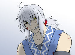 Rule 34 | 1boy, alternate costume, alternate hairstyle, blood, clenched teeth, crying, crying with eyes open, male focus, morichika rinnosuke, no eyewear, ponytail, shinadume, silver hair, solo, tears, teeth, touhou, yellow eyes
