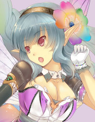 Rule 34 | 1girl, blue hair, breasts, cleavage, female focus, gloves, large breasts, original, fairy, pointy ears, red eyes, solo, sts, wings
