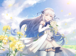 Rule 34 | 1girl, :d, bad id, bad pixiv id, bare shoulders, blue eyes, blue ribbon, blue sky, blurry, blurry foreground, blush, bouquet, chihuri, cloud, cloudy sky, day, depth of field, dress, elbow gloves, field, flower, gloves, hair flower, hair ornament, hair ribbon, highres, holding, holding bouquet, horizon, long hair, looking at viewer, open mouth, original, outdoors, petals, purple flower, purple rose, ribbon, rose, silver hair, sky, sleeveless, sleeveless dress, smile, solo, standing, tears, thighhighs, very long hair, white dress, white flower, white gloves, white rose, white thighhighs, yellow flower