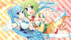 Rule 34 | 2girls, ahoge, armpits, belt, blue eyes, blue hair, bow, bowtie, fang, gloves, green eyes, green hair, gumi, hair ribbon, hatsune miku, highres, long hair, minatasiro, multiple girls, necktie, open mouth, outstretched arm, ribbon, short hair, skirt, smile, striped, striped background, thigh strap, thighhighs, twintails, very long hair, vocaloid