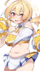 Rule 34 | 1girl, absurdres, blonde hair, blue archive, blue skirt, breasts, cheerleader, cleavage, commentary, highres, holding, holding pom poms, kotori (blue archive), kotori (cheer squad) (blue archive), medium breasts, millennium cheerleader outfit (blue archive), official alternate costume, official alternate hairstyle, plump, pom pom (cheerleading), pom poms, short hair, short twintails, skirt, solo, thighs, twintails, two-tone skirt, wakamepiza, white skirt