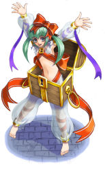 Rule 34 | 1girl, anklet, barefoot, bow, box, flat chest, green hair, harem pants, in box, in container, jewelry, kenkou cross, midriff, mimic, mimic (monster girl encyclopedia), mimic chest, monster girl, monster girl encyclopedia, official art, pants, petite, ribbon, simple background, surprised, trap, treasure chest, white background