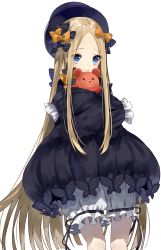 Rule 34 | abigail williams (fate), absurdres, black bow, black dress, black hat, blonde hair, bloomers, blue eyes, bow, dress, fate/grand order, fate (series), hair bow, hands in opposite sleeves, hat, highres, holding, holding stuffed toy, hugging object, kou mashiro, long sleeves, orange bow, parted bangs, polka dot, polka dot bow, stuffed animal, stuffed toy, teddy bear, underwear, white bloomers