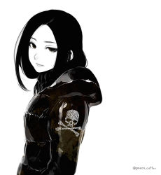 Rule 34 | 1girl, black hair, brown eyes, commentary request, emblem, eyelashes, from side, hood, hooded jacket, jacket, lips, long hair, looking at viewer, monochrome, muted color, original, poaro, sequins, simple background, skull and crossbones, solo, spot color, sweater, twitter username, white background