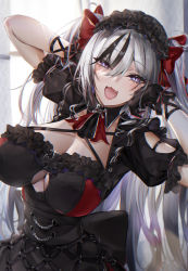 Rule 34 | 1girl, absurdres, azur lane, black dress, black gloves, black hair, black headwear, blue eyes, blush, breasts, cleavage, commentary request, dress, eichi (yashokuya), elbe (azur lane), elbe (time to show off?) (azur lane), gloves, grey hair, highres, large breasts, looking at viewer, multicolored hair, official alternate costume, open mouth, short sleeves, smile, solo, streaked hair