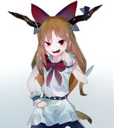 Rule 34 | 1girl, bow, chain, hair bow, horn ornament, horn ribbon, horns, ibuki suika, ikurauni, long hair, looking at viewer, oni, open mouth, orange hair, red bow, red eyes, red neckwear, ribbon, shirt, simple background, skirt, sleeveless, sleeves past wrists, solo, teeth, touhou, white background