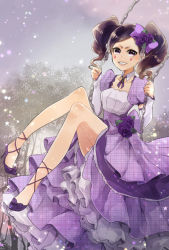 Rule 34 | 1girl, bad id, bad pixiv id, black hair, bleach, bow, chain, character request, choker, cirucci sanderwicci, collarbone, detached sleeves, dress, grin, hair bow, high heels, layered dress, long dress, long hair, long sleeves, looking at viewer, parted bangs, pumps, purple bow, purple dress, purple eyes, purple footwear, purple hair, purple heels, short sleeves, smile, solo, twintails, umi (pixiv6861961), white sleeves