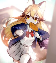 Rule 34 | 1girl, alternate costume, animal ears, blue jacket, bow, bowtie, bread slice, brown hair, collared shirt, commentary request, extra ears, ezo red fox (kemono friends), food, food in mouth, fox ears, fox girl, fox tail, grey skirt, hair between eyes, highres, jacket, kemono friends, long hair, long sleeves, mouth hold, multicolored hair, nan okitsune, open clothes, open jacket, orange hair, pleated skirt, red bow, red bowtie, running, school uniform, shirt, sidelocks, skirt, solo, tail, toast, toast in mouth, white shirt
