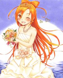 Rule 34 | 10s, 1girl, bad id, bad pixiv id, bare shoulders, blush, bouquet, bow-shaped hair, cure sunny, cure sunny (princess form), dress, earrings, eyelashes, flower, hair bun, hair ribbon, happy, heart, hino akane (smile precure!), jewelry, looking at viewer, magical girl, matching hair/eyes, necklace, one eye closed, open mouth, orange eyes, orange flower, orange hair, orange rose, precure, ribbon, rose, single hair bun, smile, smile precure!, solo, standing, strapless, strapless dress, tiara, watayuki, white dress, wink