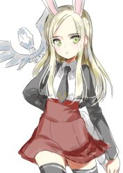 Rule 34 | 1girl, animal ears, arm behind back, black thighhighs, blazer, blonde hair, cropped jacket, elin, emily (pure dream), green eyes, jacket, long hair, necktie, rabbit ears, red skirt, shirt, simple background, sketch, skirt, solo, staff, tera online, thighhighs, weapon, white background, white shirt