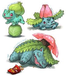 Rule 34 | 1990s (style), bag, balancing, bulbasaur, cabbage, character name, chips (food), creatures (company), doritos, emlan, evolution, evolutionary line, fangs, fat, food, full body, game freak, gen 1 pokemon, head rest, ivysaur, lazy, lettuce, lying, md5 mismatch, multiple persona, nintendo, no humans, on side, on stomach, open mouth, pokedex number, pokemon, pokemon (creature), pokemon rgby, red eyes, retro artstyle, sharp teeth, teeth, venusaur, white background