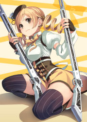 Rule 34 | 10s, 1girl, blonde hair, breasts, drill hair, gun, hair ornament, hat, holding, kneeling, looking at viewer, magical girl, magical musket, mahou shoujo madoka magica, parsley-f, pinstripe pattern, solo, striped clothes, striped thighhighs, thighhighs, tomoe mami, twin drills, twintails, vertical-striped clothes, vertical-striped thighhighs, weapon, yellow eyes
