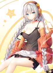 Rule 34 | 1girl, ahoge, bad id, bad pixiv id, bare shoulders, black camisole, bow, braid, breasts, camisole, cellphone, cleavage, closed mouth, elbow gloves, feet out of frame, fingerless gloves, gloves, green eyes, grey hair, hair between eyes, hair ornament, hand up, headphones, highres, holding, holding phone, jacket, kizuna akari, long hair, low twintails, medium breasts, murano, off shoulder, open clothes, open jacket, orange gloves, orange jacket, phone, red bow, sitting, skirt, smile, solo, star (symbol), strap slip, striped clothes, striped gloves, twin braids, twintails, very long hair, voiceroid, white skirt
