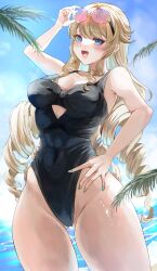 1girl :d alternate_costume arm_up black-framed_eyewear black_one-piece_swimsuit blonde_hair blue_eyes blue_nails blue_sky blush breasts cleavage commentary_request cowboy_shot day drill_hair eyewear_on_head genshin_impact hand_on_own_hip highleg highres hisaka730387 long_hair looking_at_viewer medium_breasts nail_art nail_polish navia_(genshin_impact) one-piece_swimsuit open_mouth outdoors sky smile solo star_(symbol) star_in_eye swimsuit symbol_in_eye thighs tinted_eyewear very_long_hair water