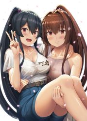 Rule 34 | 2girls, :d, alternate costume, anchor symbol, belt, belt buckle, black belt, black hair, blouse, blue shorts, blush, breasts, brown eyes, brown hair, buckle, clothes writing, collarbone, fingernails, flower, hair between eyes, hair flower, hair ornament, highres, ichikawa feesu, kantai collection, large breasts, long hair, looking at viewer, multiple girls, open mouth, petals, pink flower, ponytail, red eyes, shirt, short sleeves, shorts, simple background, sleeveless, sleeveless shirt, smile, v, white background, white shirt, yahagi (kancolle), yamato (kancolle)