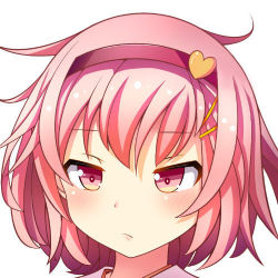Rule 34 | 1girl, bad id, bad pixiv id, blush, frown, hair ornament, hairband, hairclip, komeiji satori, looking at viewer, lowres, oimo (imoyoukan), pink eyes, pink hair, portrait, short hair, solo, touhou, white background