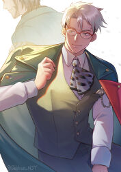 Rule 34 | 2boys, arurandeisu, arurandeisu (old design), ascot, beard, breast pocket, buttons, collared shirt, cowboy shot, debbie njy, dual persona, facial hair, glasses, green eyes, green jacket, grey ascot, grey hair, grey pants, grey vest, hair between eyes, hair strand, hand on another&#039;s shoulder, head out of frame, highres, holostars, jacket, jacket on shoulders, lapels, long sleeves, looking at object, looking to the side, male focus, multiple boys, notched lapels, pants, parted bangs, pocket, pocket watch, profile, red-framed eyewear, shirt, short hair, sideways glance, smile, star button, transparent, undercut, vest, virtual youtuber, watch, white background, white shirt