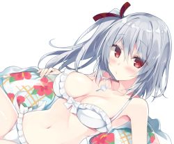 Rule 34 | 1girl, bikini, blush, breasts, cleavage, dutch angle, frill trim, frills, hair between eyes, hair ribbon, highres, innertube, jewelry, long hair, looking at viewer, medium breasts, miko (royal milk), navel, necklace, original, puckered lips, red eyes, ribbon, shell, shell necklace, side ponytail, silver hair, solo, swim ring, swimsuit, white bikini