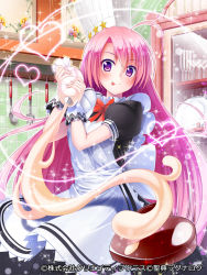 Rule 34 | 1girl, :p, apron, candy, chef hat, chocolate, chocolate heart, cream, glass, hat, heart, long hair, looking at viewer, official art, pink hair, pochadon, purple eyes, seiten ragnarok, solo, sparkle, star (symbol), tongue, tongue out