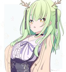 Rule 34 | 1girl, :o, absurdres, antlers, black choker, black skirt, breasts, cardigan, ceres fauna, choker, commentary, flower, frilled skirt, frills, green hair, grey background, hair flower, hair ornament, hair ribbon, heart, heart choker, high-waist skirt, highres, hololive, hololive english, horns, large breasts, leaning back, light blush, long hair, looking at viewer, mole, mole under eye, open cardigan, open clothes, open mouth, overskirt, purple ribbon, ribbon, shirt, sid(npcai), simple background, skirt, solo, twintails, upper body, virtual youtuber, white shirt, yellow cardigan, yellow eyes